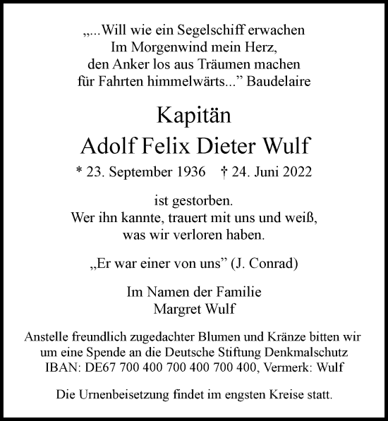 Traueranzeige von Adolf Felix Dieter Wulf von Hamburger Abendblatt