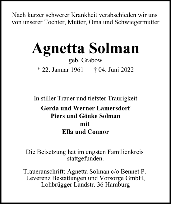 Traueranzeige von Agnetta Solman von Bille Wochenblatt, Bergedorfer Zeitung
