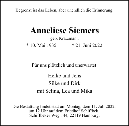 Traueranzeige von Anneliese Siemers von Billstedt/Horn