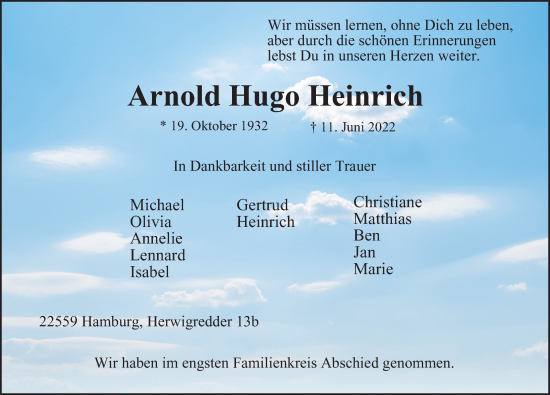 Traueranzeige von Arnold Hugo Heinrich von Hamburger Abendblatt