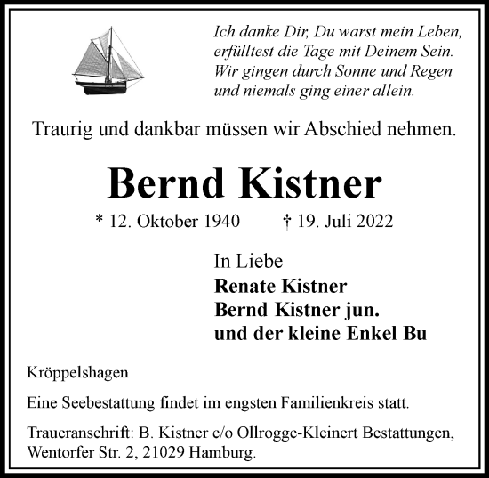 Traueranzeige von Bernd Kistner von Bergedorfer Zeitung