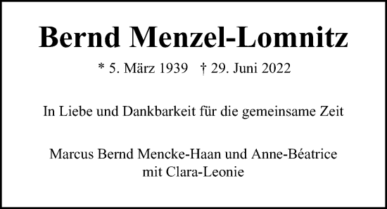 Traueranzeige von Bernd Menzel-Lomnitz von Hamburger Abendblatt