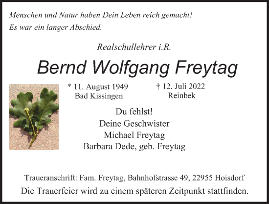 Traueranzeige von Bernd Wolfgang Freytag von Hamburger Abendblatt