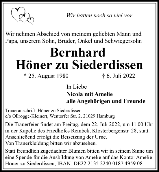 Traueranzeige von Bernhard Höner zu Siederdissen von Hamburger Abendblatt