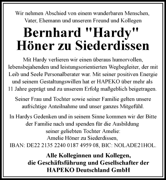 Traueranzeige von Bernhard Höner zu Siederdissen von Hamburger Abendblatt