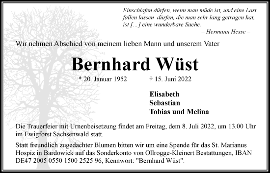 Traueranzeige von Bernhard Wüst von Bergedorfer Zeitung