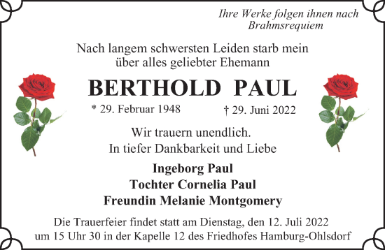 Traueranzeige von Berthold Paul von Hamburger Abendblatt, Bergedorfer Zeitung