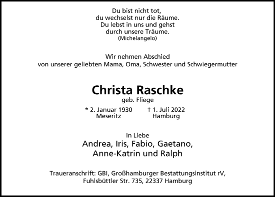 Traueranzeige von Christa Raschke von Hamburger Abendblatt