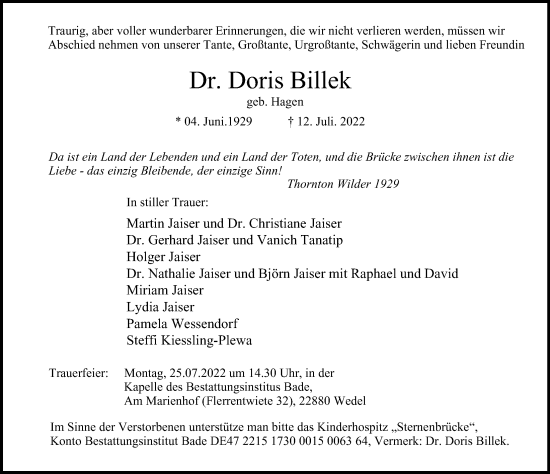 Traueranzeige von Doris Billek von Hamburger Abendblatt