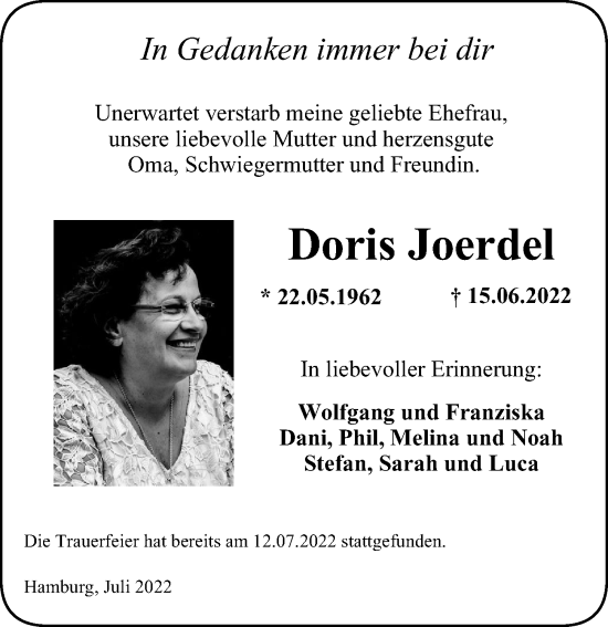 Traueranzeige von Doris Joerdel von Niendorfer Wochenblatt