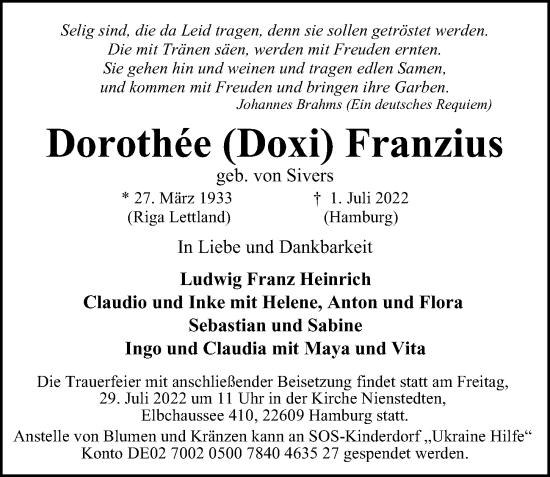 Traueranzeige von Doroth Franzius von Hamburger Abendblatt