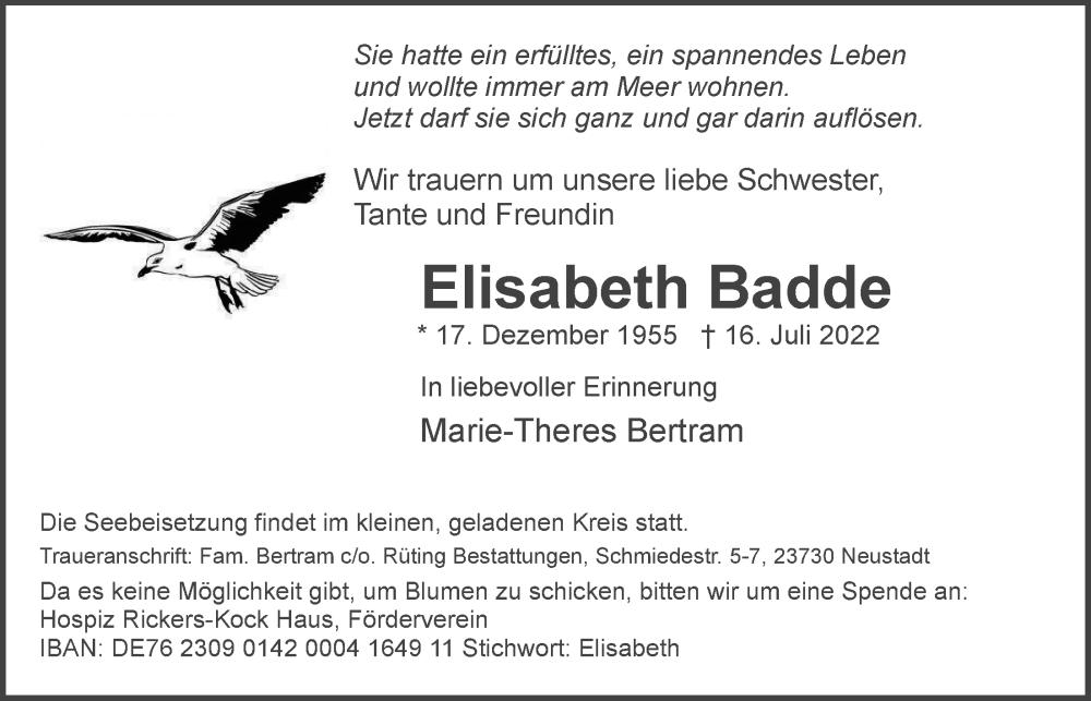  Traueranzeige für Elisabeth Badde vom 27.07.2022 aus Glinder Zeitung