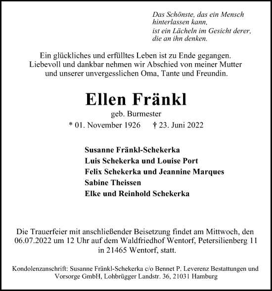 Traueranzeige von Ellen Fränkl von Bille Wochenblatt, Bergedorfer Zeitung