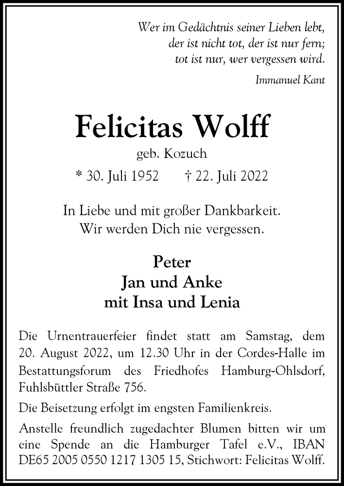 Traueranzeige für Felicitas Wolff vom 30.07.2022 aus Hamburger Abendblatt