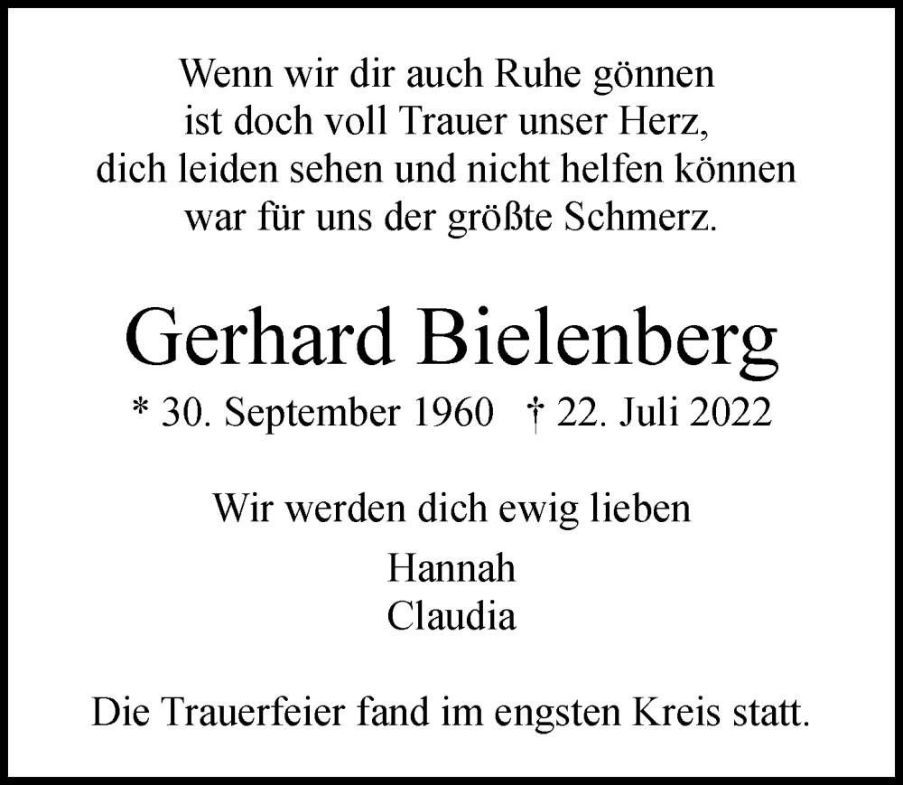  Traueranzeige für Gerhard Bielenberg vom 30.07.2022 aus Hamburger Abendblatt