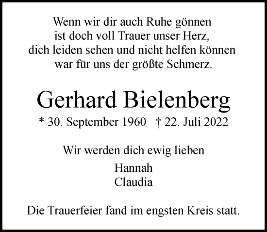 Traueranzeige von Gerhard Bielenberg von Hamburger Abendblatt