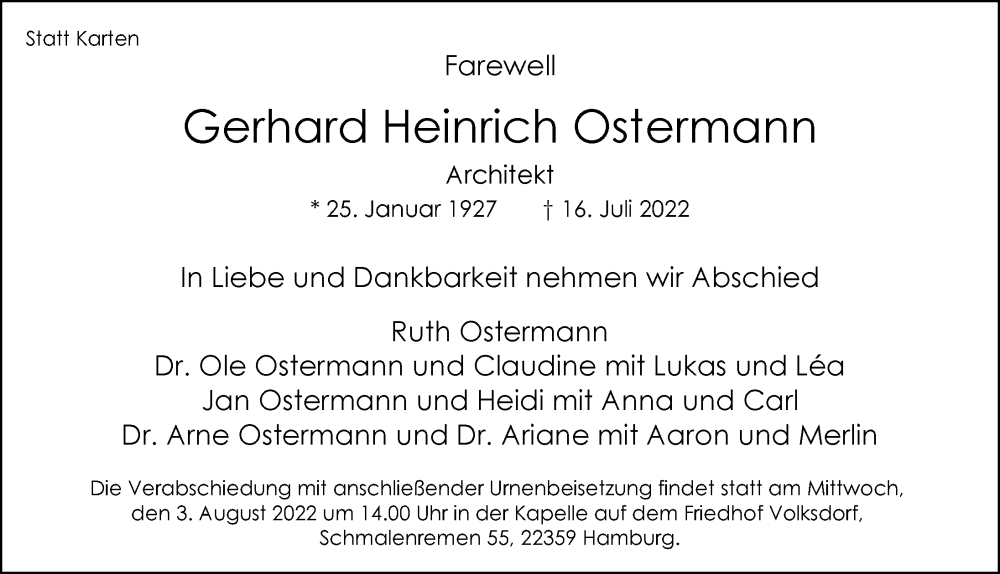  Traueranzeige für Gerhard Heinrich Ostermann vom 30.07.2022 aus Hamburger Abendblatt