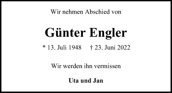 Traueranzeige von Günter Engler von Bille Wochenblatt, Bergedorfer Zeitung