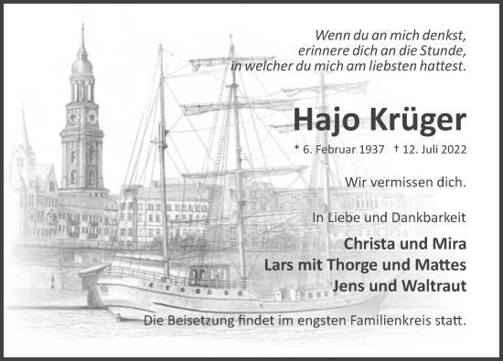 Traueranzeige von Hajo Krüger von Hamburger Abendblatt