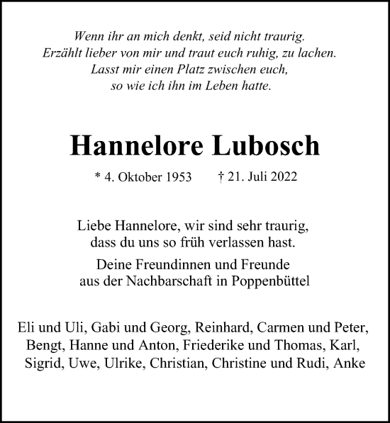 Traueranzeige von Hannelore Lubosch von Hamburger Abendblatt