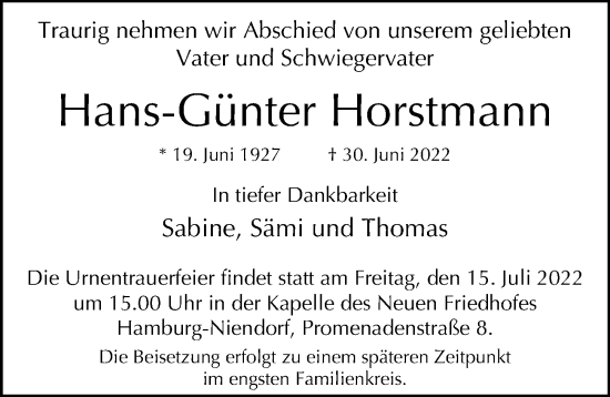 Traueranzeige von Hans-Günter Horstmann von Niendorfer Wochenblatt