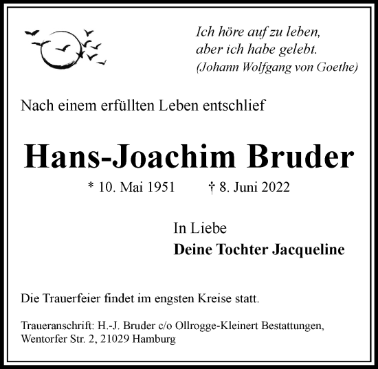 Traueranzeige von Hans-Joachim Bruder von Bille Wochenblatt, Bergedorfer Zeitung