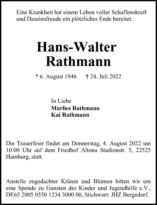 Traueranzeige von Hans-Walter Rathmann von Bergedorfer Zeitung