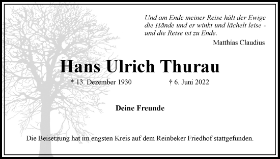 Traueranzeige von Hans Ulrich Thurau von Bille Wochenblatt, Bergedorfer Zeitung