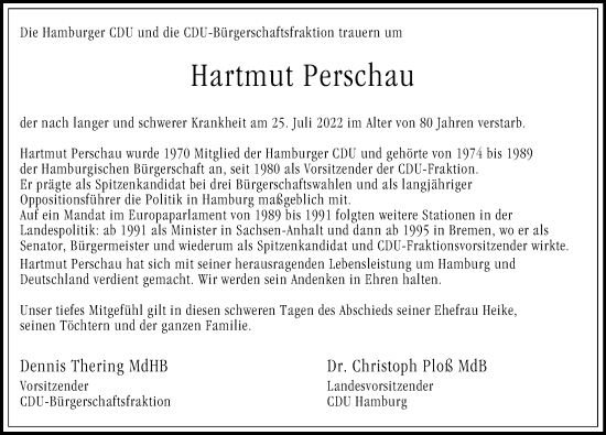 Traueranzeige von Hartmut Perschau von Hamburger Abendblatt