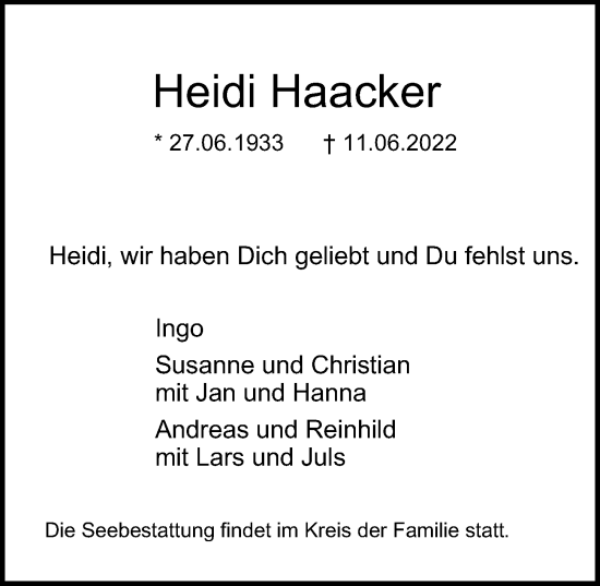 Traueranzeige von Heidi Haacker von Hamburger Abendblatt