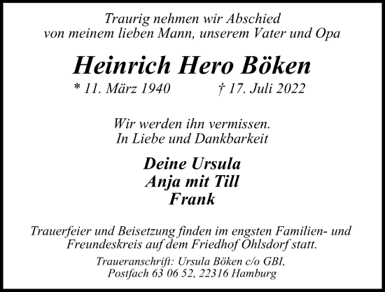 Traueranzeige von Heinrich Hero Böken von Hamburger Abendblatt