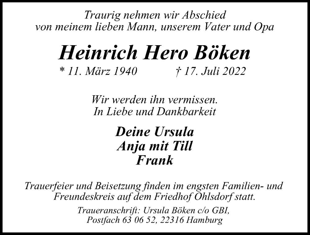  Traueranzeige für Heinrich Hero Böken vom 30.07.2022 aus Hamburger Abendblatt