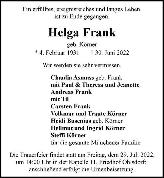 Traueranzeige von Helga Frank von Hamburger Abendblatt