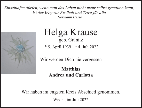 Traueranzeige von Helga Krause von Hamburger Abendblatt