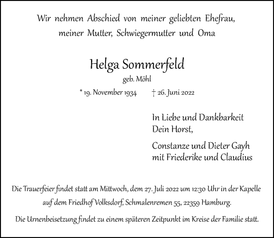 Traueranzeige von Helga Sommerfeld von Hamburger Abendblatt