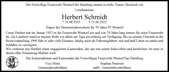 Traueranzeige von Herbert Schmidt von Bergedorfer Zeitung