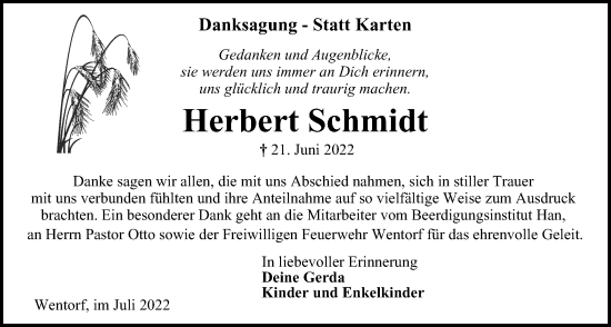 Traueranzeige von Herbert Schmidt von Bergedorfer Zeitung