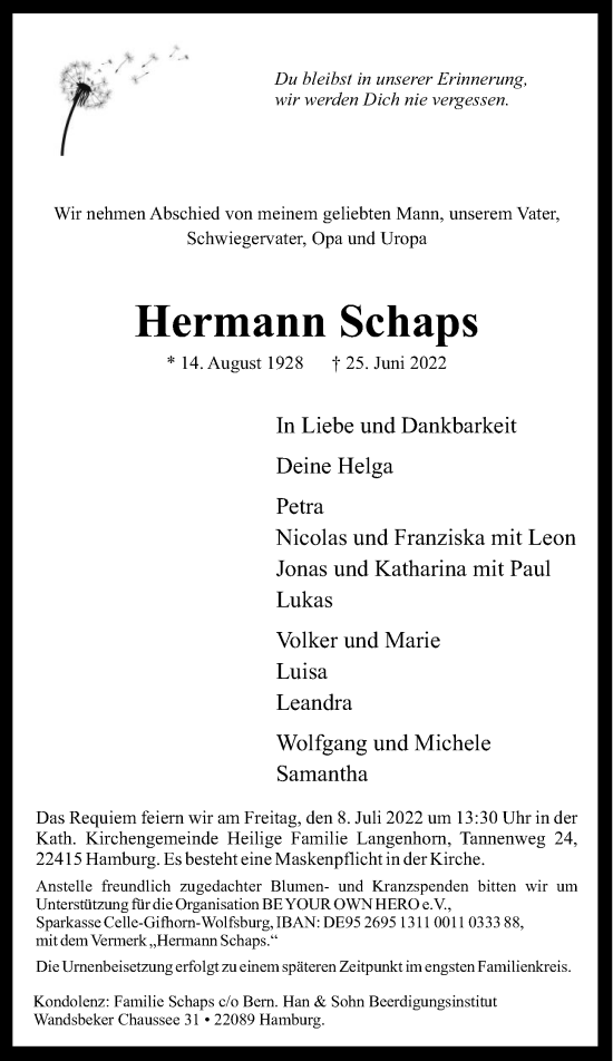 Traueranzeige von Hermann Schaps von Hamburger Abendblatt