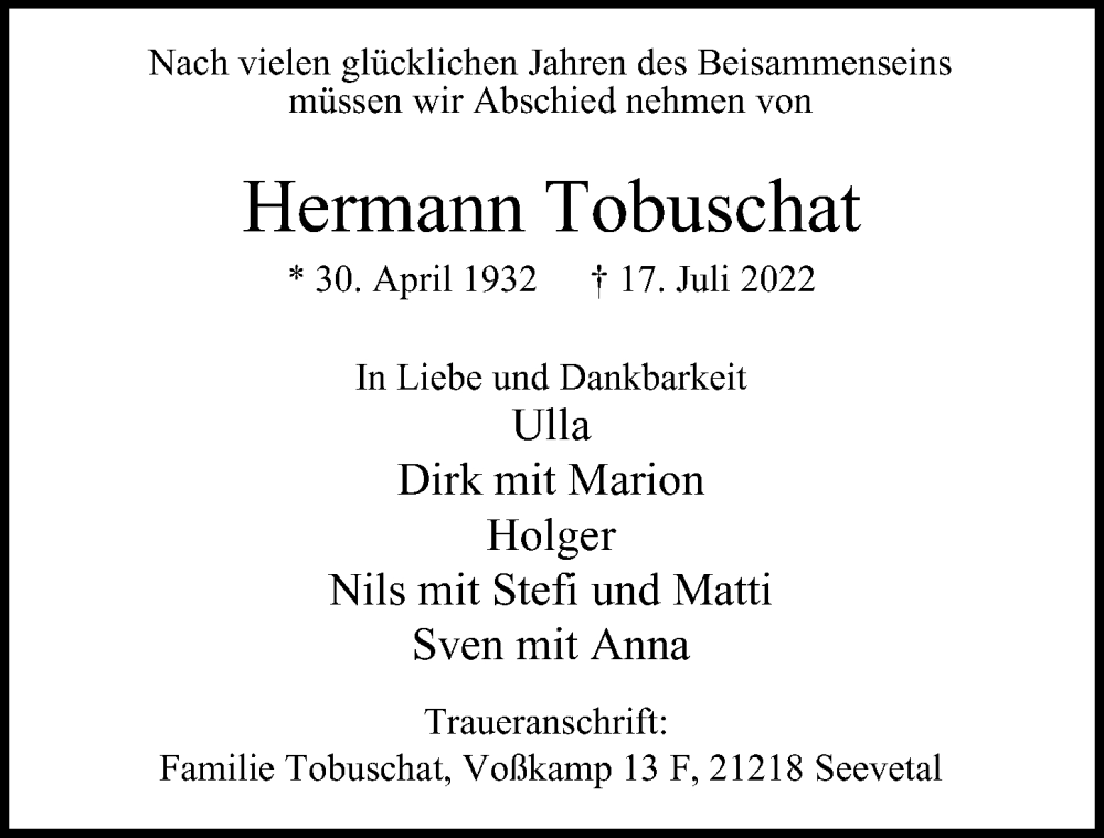  Traueranzeige für Hermann Tobuschat vom 30.07.2022 aus Hamburger Abendblatt