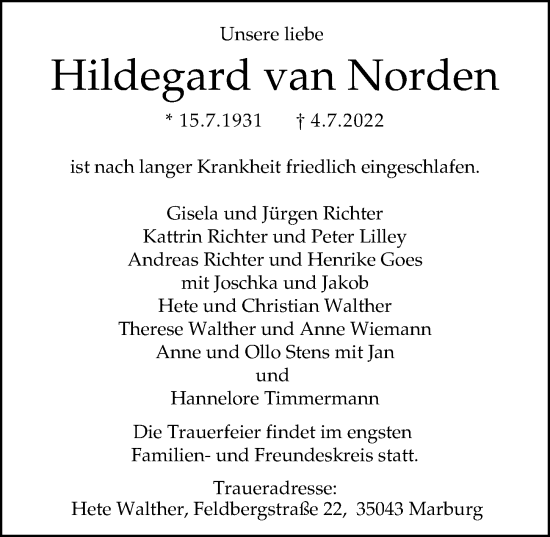 Traueranzeige von Hildegard van Norden von Bergedorfer Zeitung