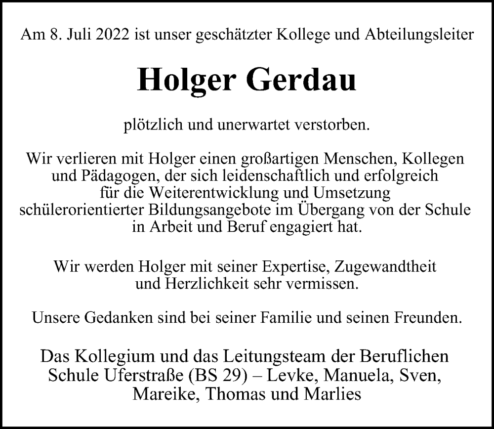  Traueranzeige für Holger Gerdau vom 16.07.2022 aus Hamburger Abendblatt