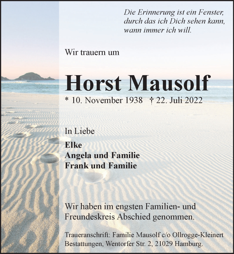  Traueranzeige für Horst Mausolf vom 30.07.2022 aus Bille Wochenblatt