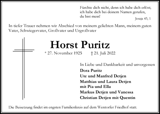 Traueranzeige von Horst Puritz von Bergedorfer Zeitung