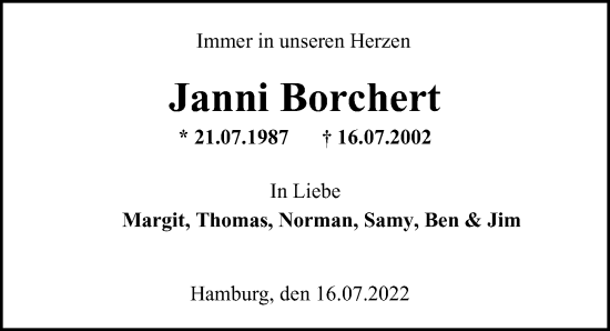 Traueranzeige von Janni Borchert von Hamburger Abendblatt