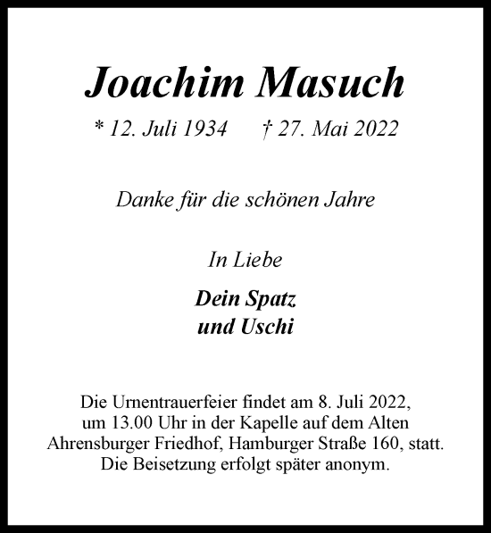 Traueranzeige von Joachim Masuch von Hamburger Abendblatt
