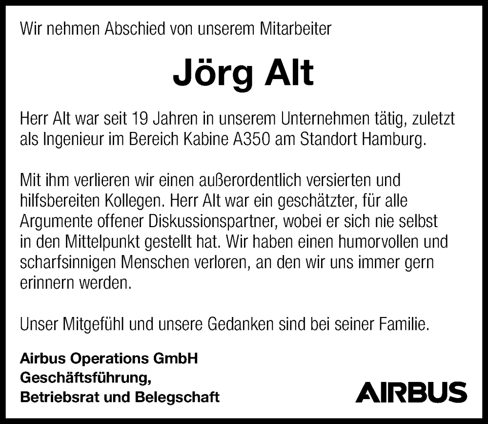  Traueranzeige für Jörg Alt vom 30.07.2022 aus Hamburger Abendblatt