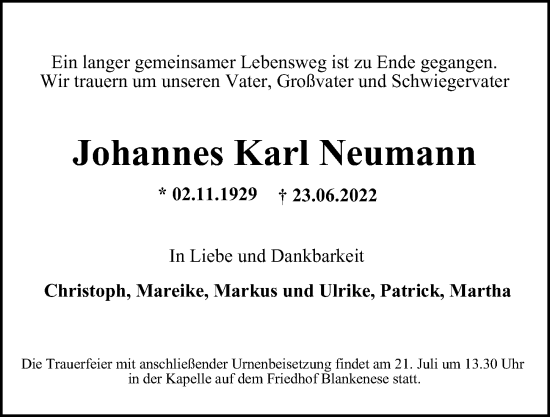 Traueranzeige von Johannes Karl Neumann von Hamburger Abendblatt