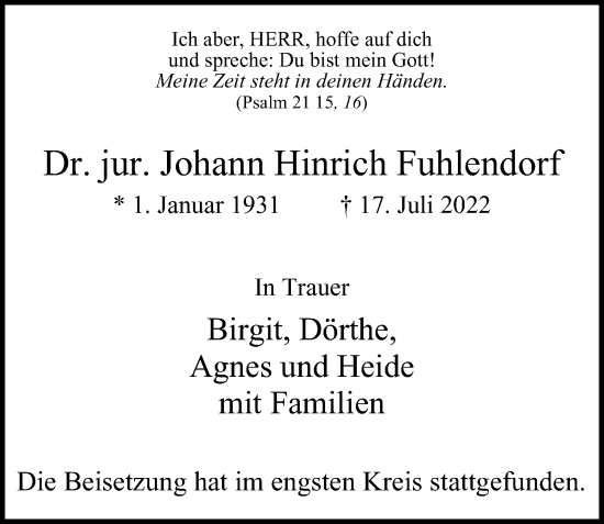 Traueranzeige von Johann Hinrich Fuhlendorf von Hamburger Abendblatt