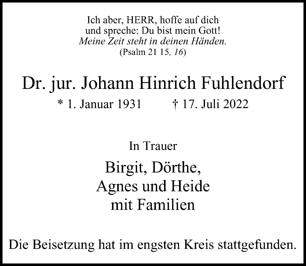  Traueranzeige für Johann Hinrich Fuhlendorf vom 30.07.2022 aus Hamburger Abendblatt