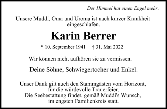 Traueranzeige von Karin Berrer von Niendorfer Wochenblatt